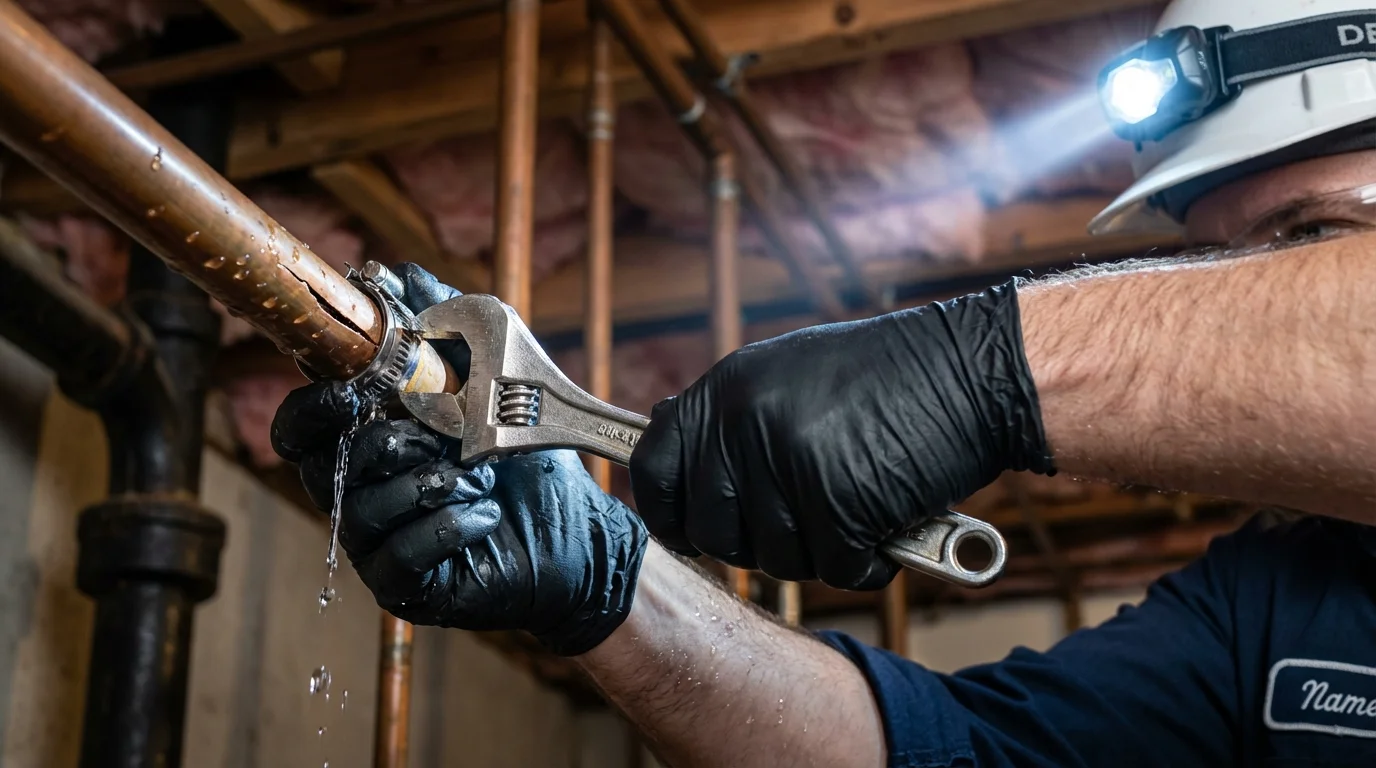 Emergency pipe clamp repair being performed by a Johns Plumbing LLC plumber in De Smet