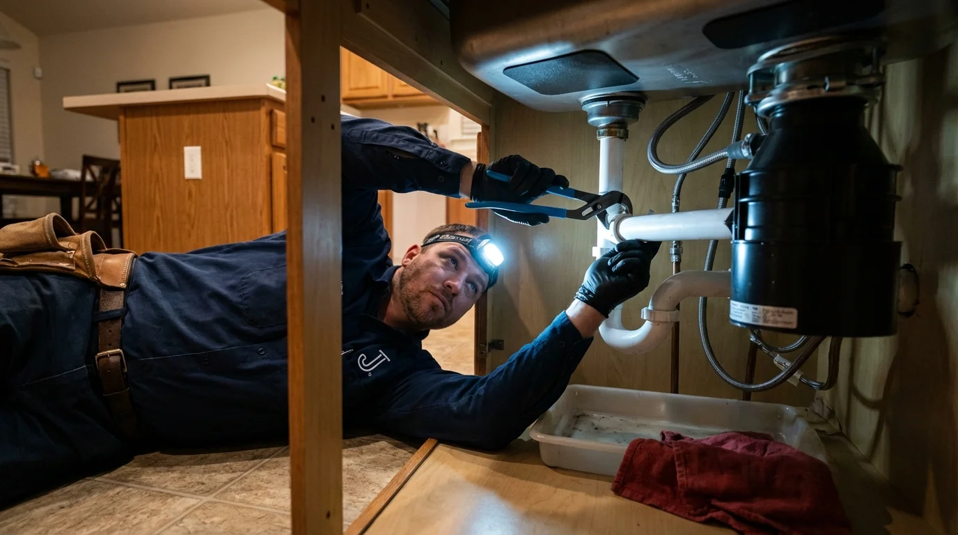 P-trap and supply line connections under a kitchen sink showing a common leak point in De Smet, SD